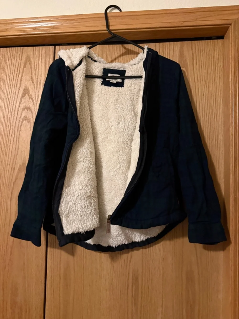 L.L. Bean Cream Sherpa-Lined Hoodie Plaid with Navy and Forest Green
